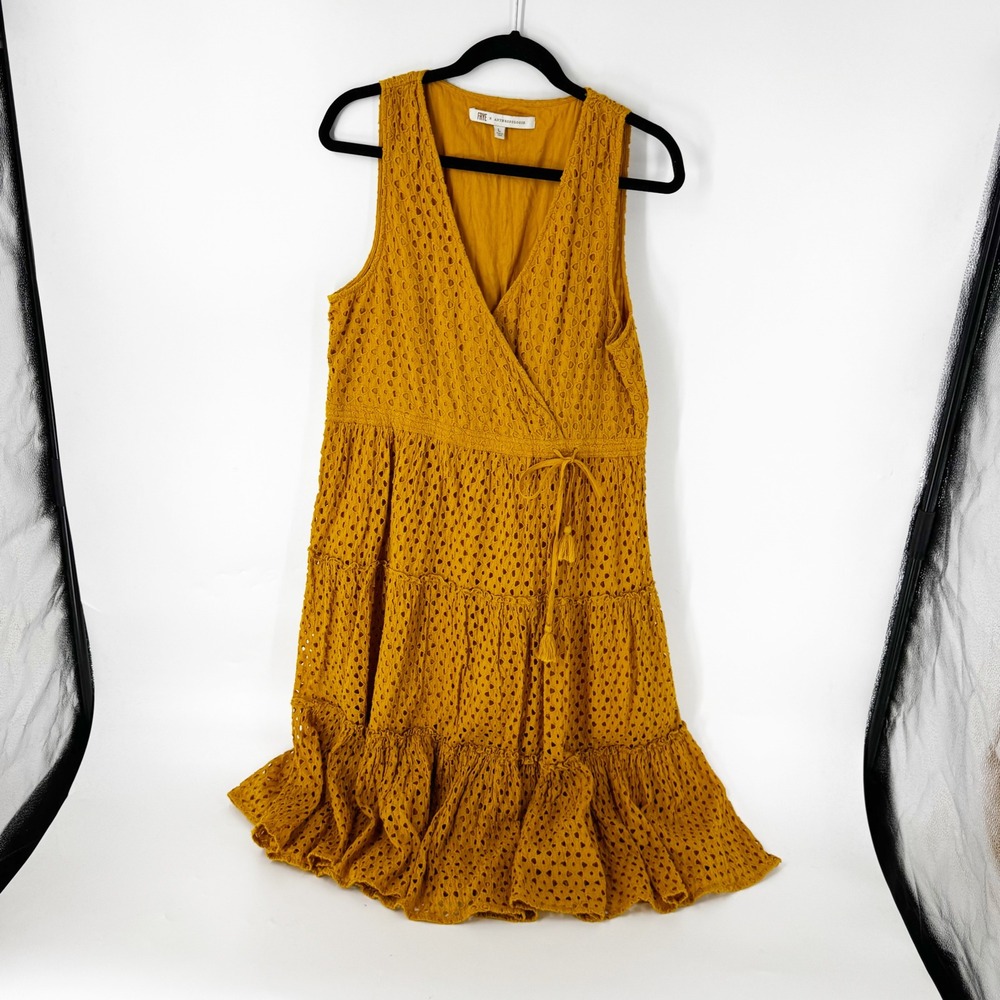 Frye x Anthropologie Mustard Yellow Cotton Eyelet Tiered NURI Wrap MIDI Dress L